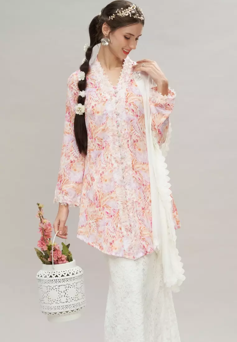 Pink Floral Lace Trimming Kebaya Top