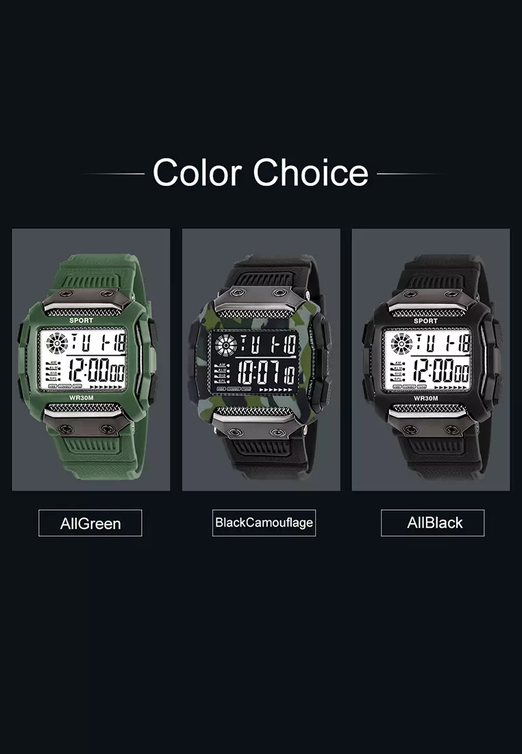 Jam Tangan Pria Square Digital Original Sports Anti Air Tali Silikon Jam Tangan Cowok AllGreen
