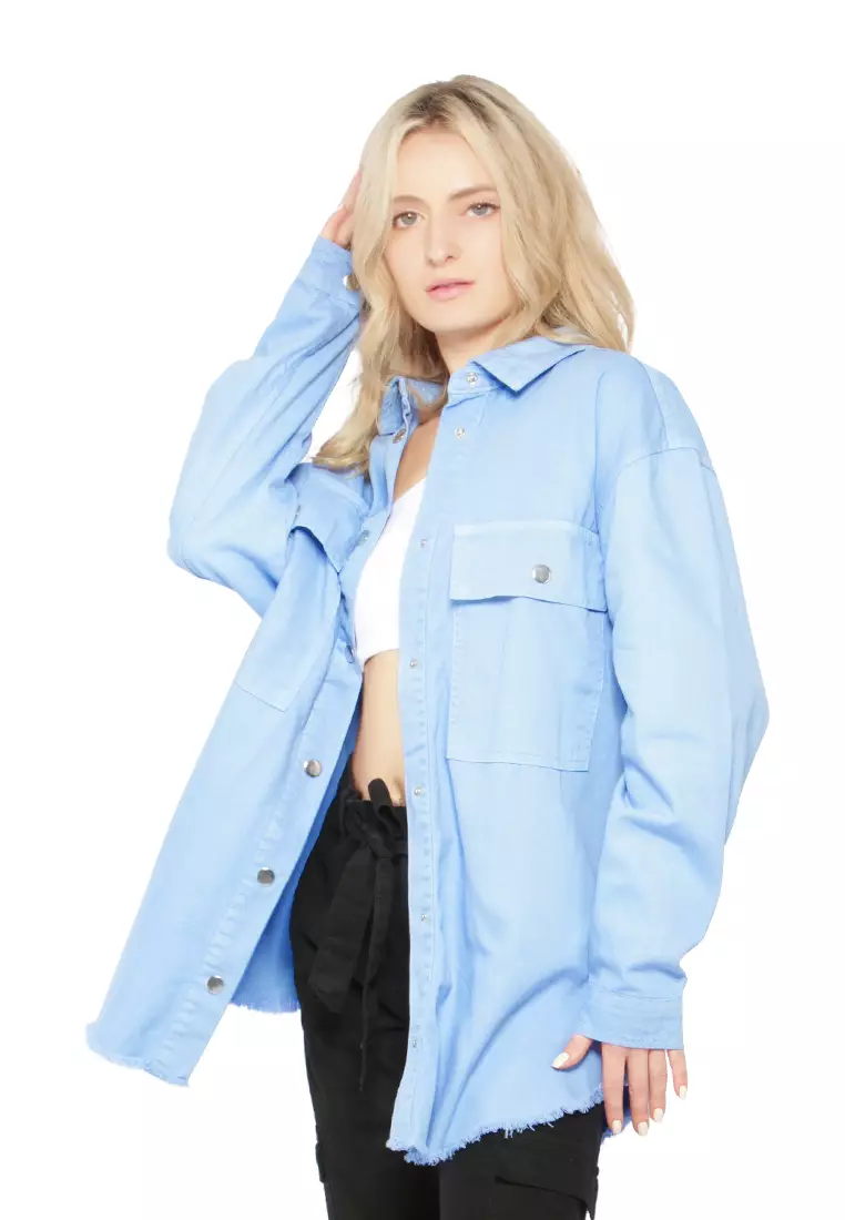 Shacket Lengan Panjang Kebesaran Biru Langit