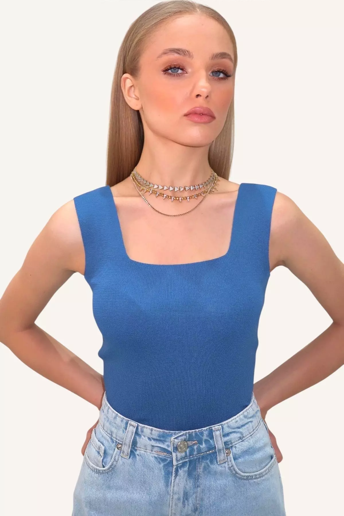 Women's Aviator Blue Square Neck Slim Mercerized Blouse