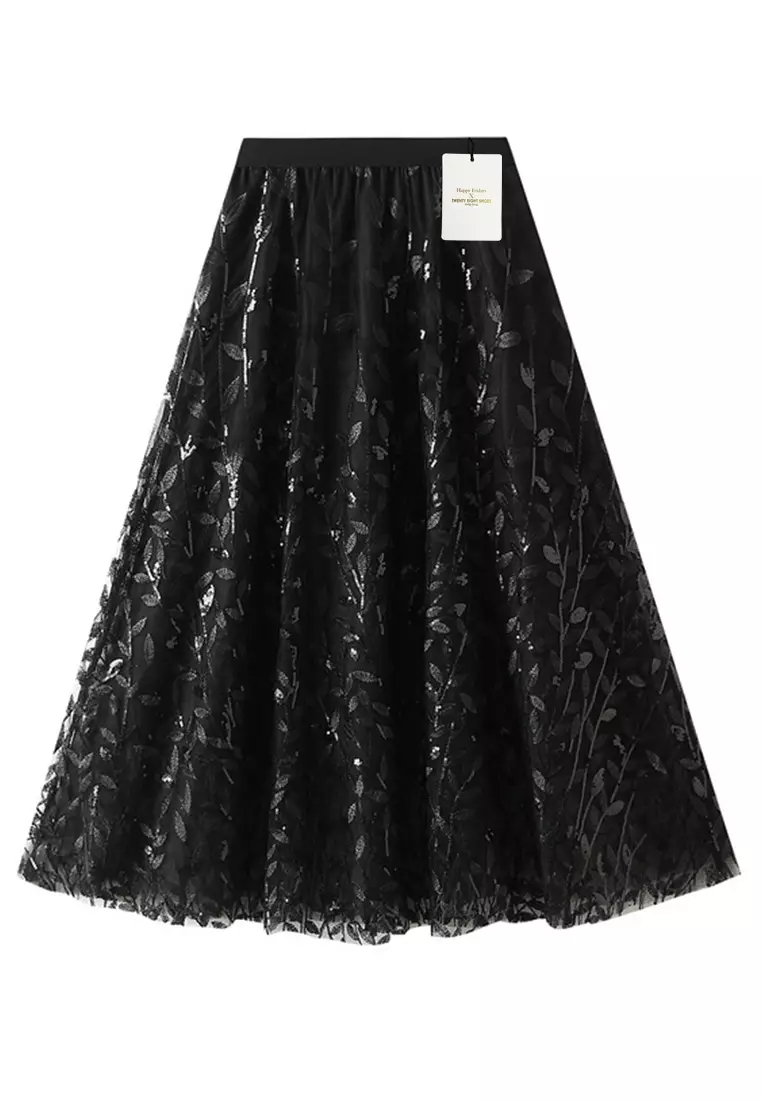 Mesh Sequin Embroidered Midi Skirt AF1888