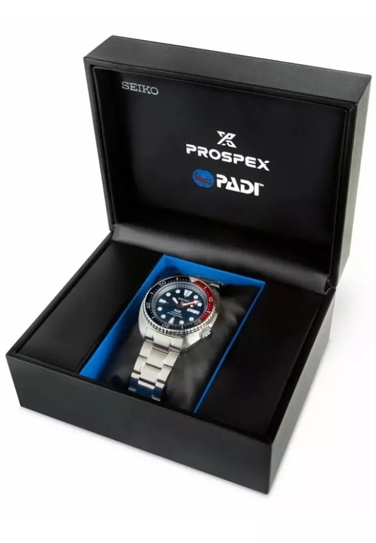 Seiko Prospex 'Turtle' PADI Special Edition Blue Dial With Red & Blue Bezel Stainless Steel Band Automatic SRPE99K1