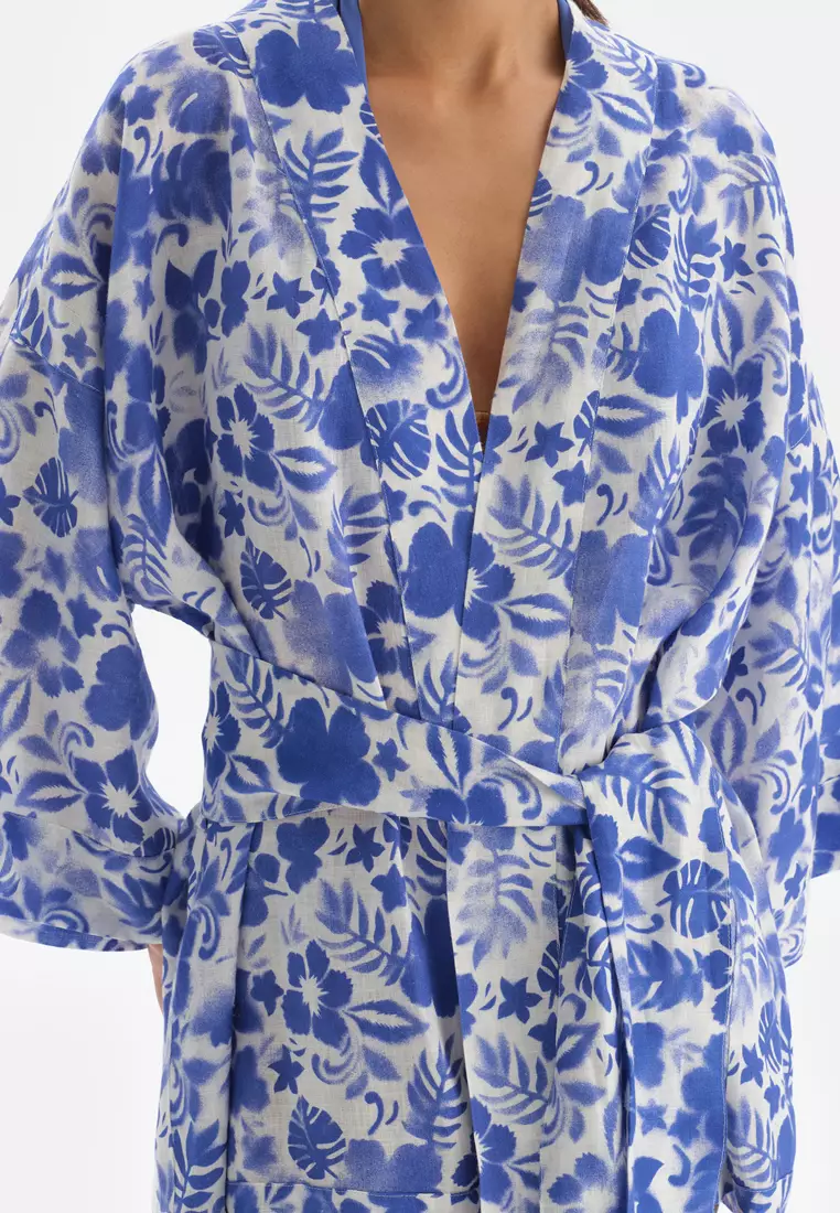 Blue - White Kimono, Floral Printed, Short Sleeve Beachwear for Women