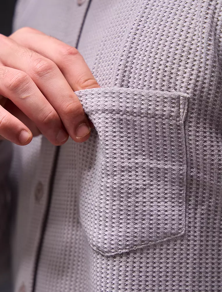 OXCON kemeja Tangan Panjang Waffle Kerah Collarless Light Grey