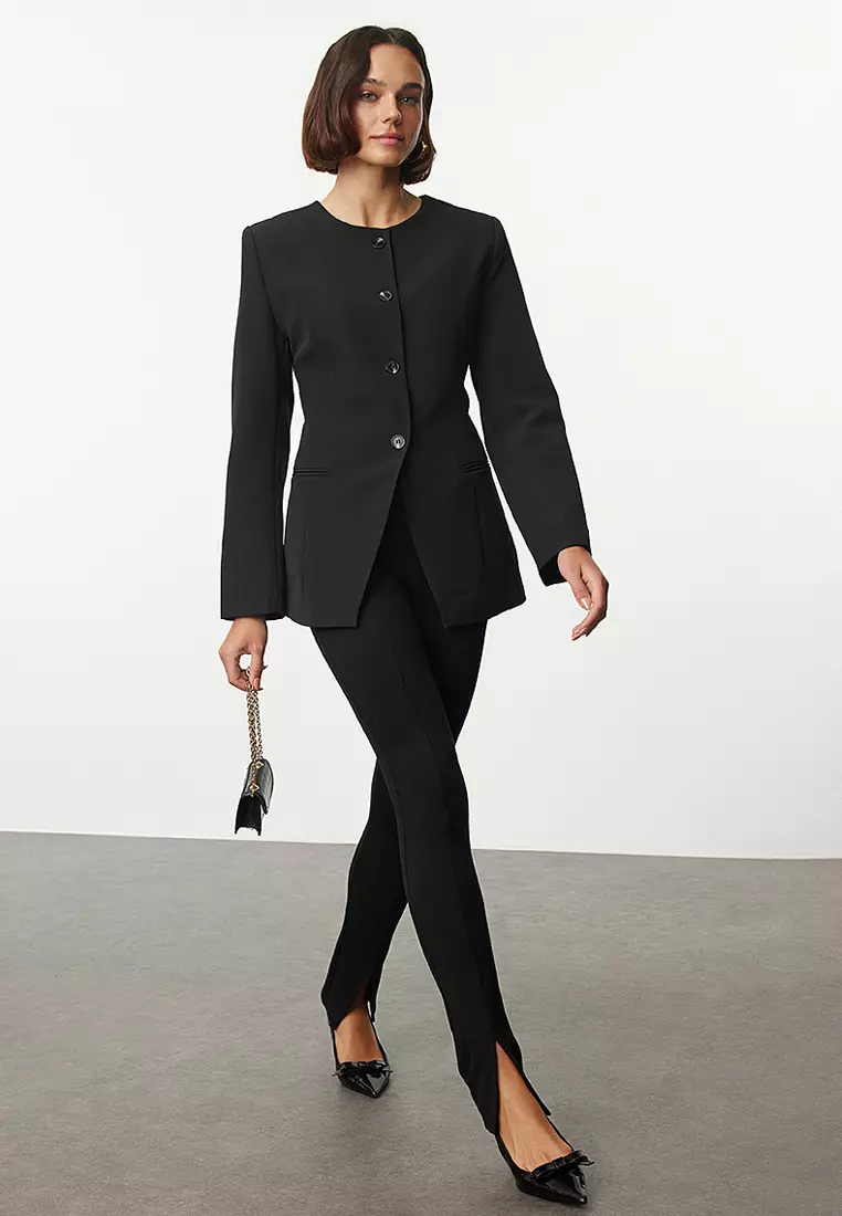 Black Round / Crew Neck Fitted Waist Woven Blazer Jacket