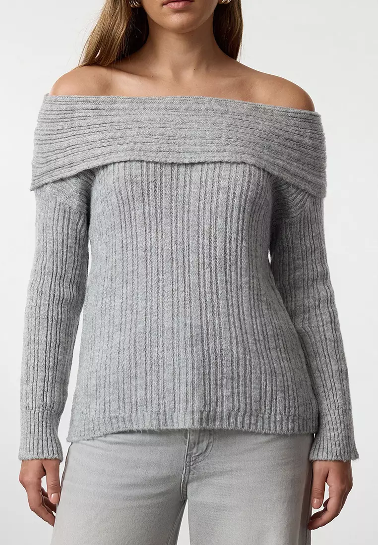 Gray Soft Texture Carmen Collar Knitwear Sweater TWOAW25KZ00076