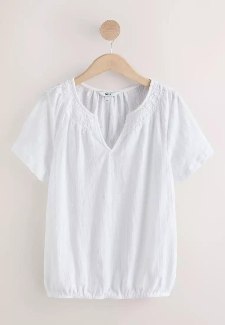 Short Sleeve Notch Neck Shirred Bubblehem T-Shirt
