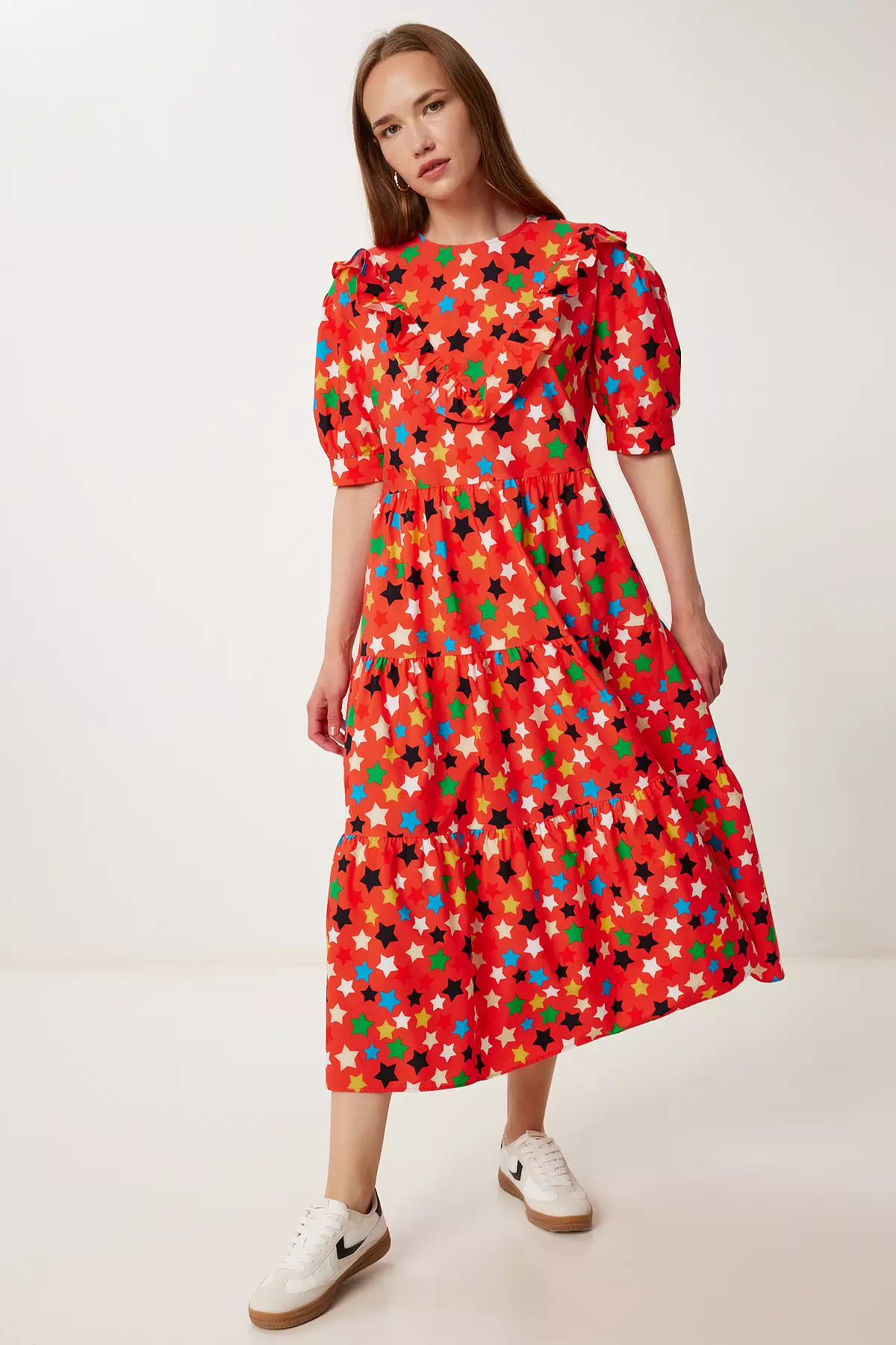 Women's Pomegranate Flower Patterned Summer Midi Poplin Dress Fk00032