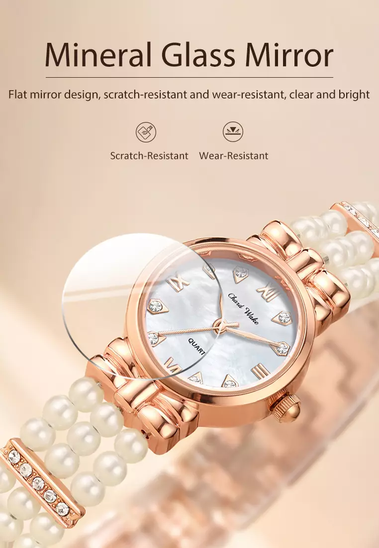 Jam Tangan Wanita Gelang Anti Air Original Fashion Korea Tali Mutiara Jam Tangan Cewek Rosewhite