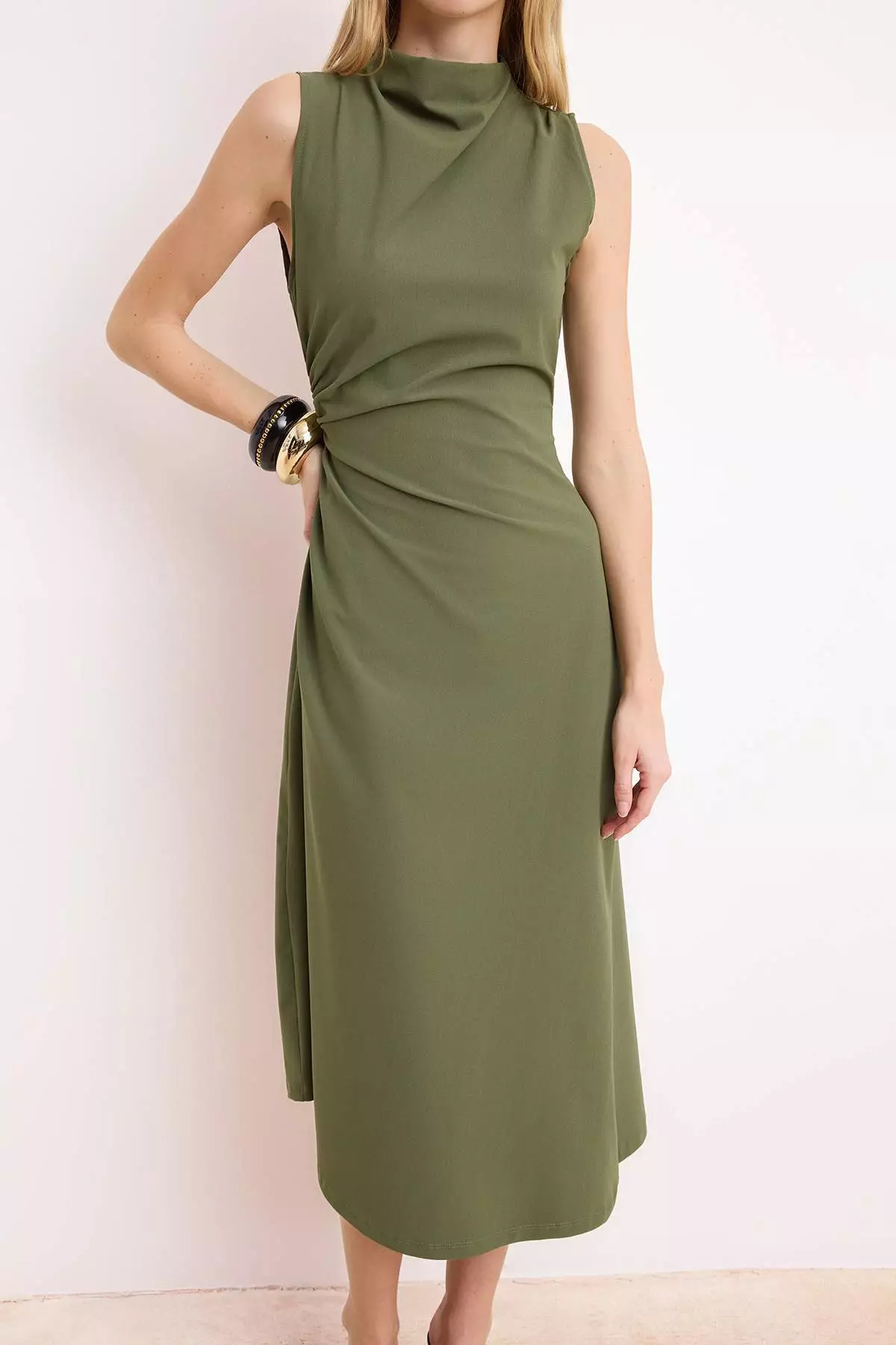 Khaki A-Line/Bell Form Asymmetrical Sleeveless Shirred Midi Paper Touch Knitted Dress Twoss26El156