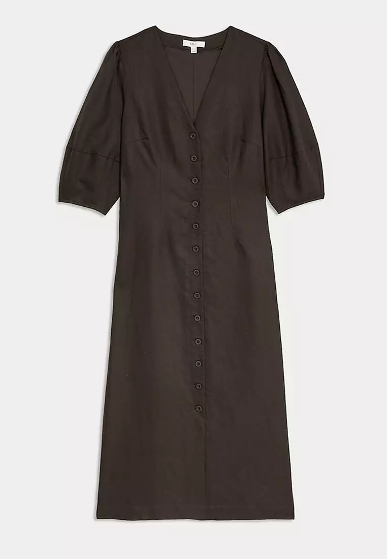 Linen Rich V-Neck Midi Tea Dress