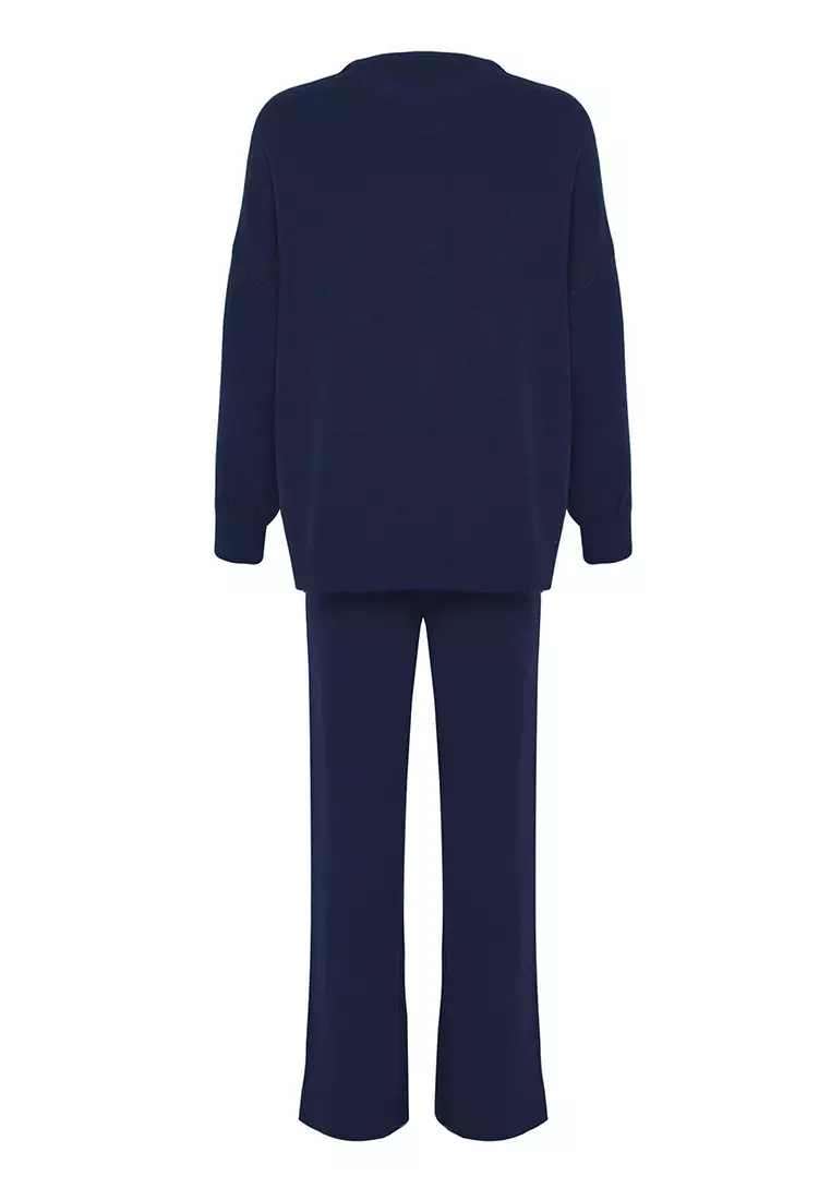 Navy Blue Wide Fit Balloon Sleeve Knitwear Bottom Top Suit