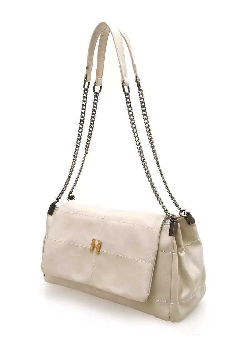 Eilaria Tas Kerja Wanita Shoulder Bag Tali Rantai Large Compartment Material Leather ORIGINAL - Beige