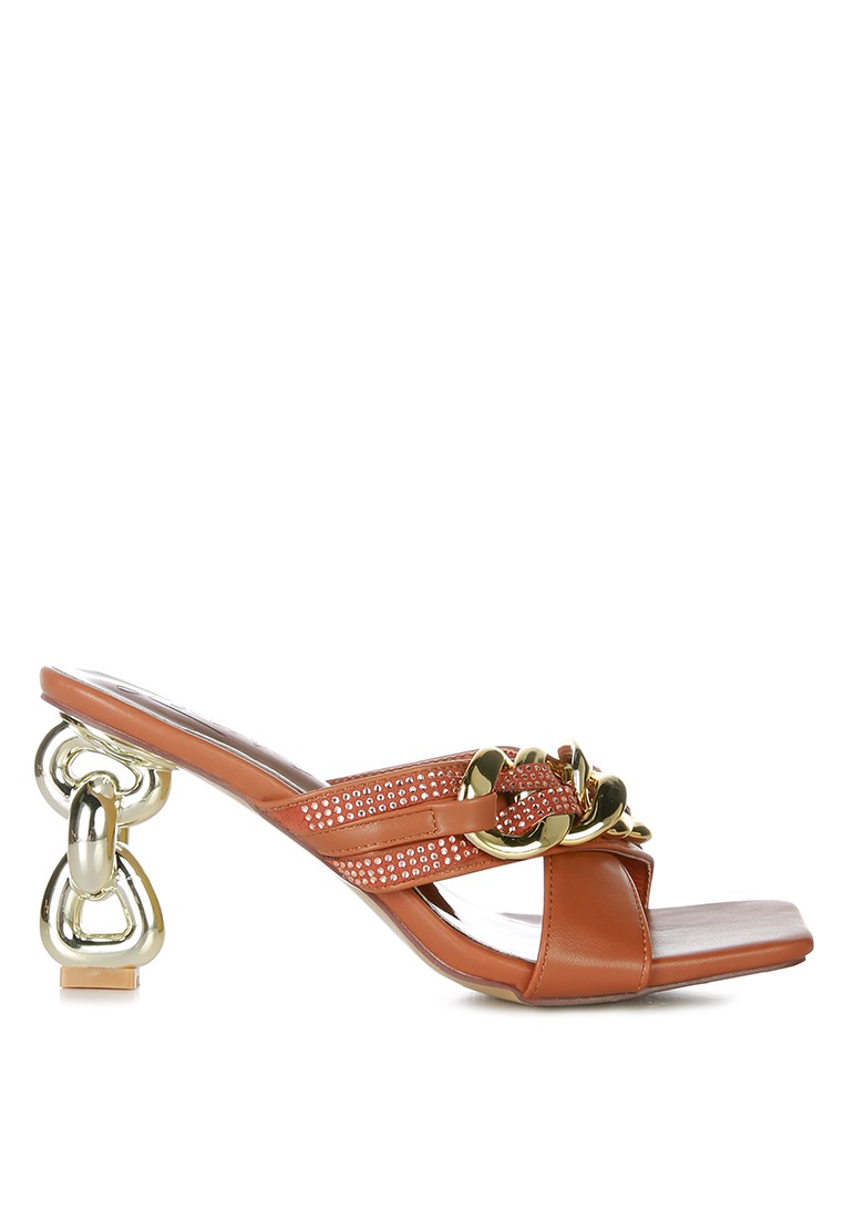 Tan Metallic Chain Heeled Diamante Sandals
