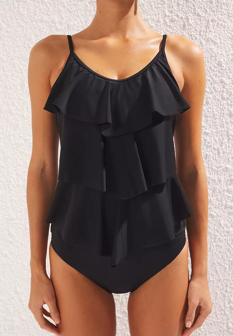 Black Flounce Tankini Bikini Set TBESS25MA00087