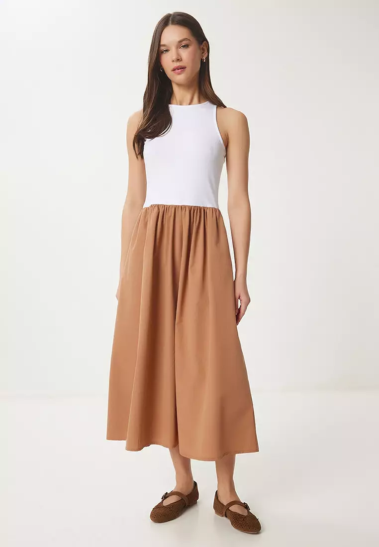 Women Camel White Stretchy Knitted Top Poplin Skirt Dress Ub00379