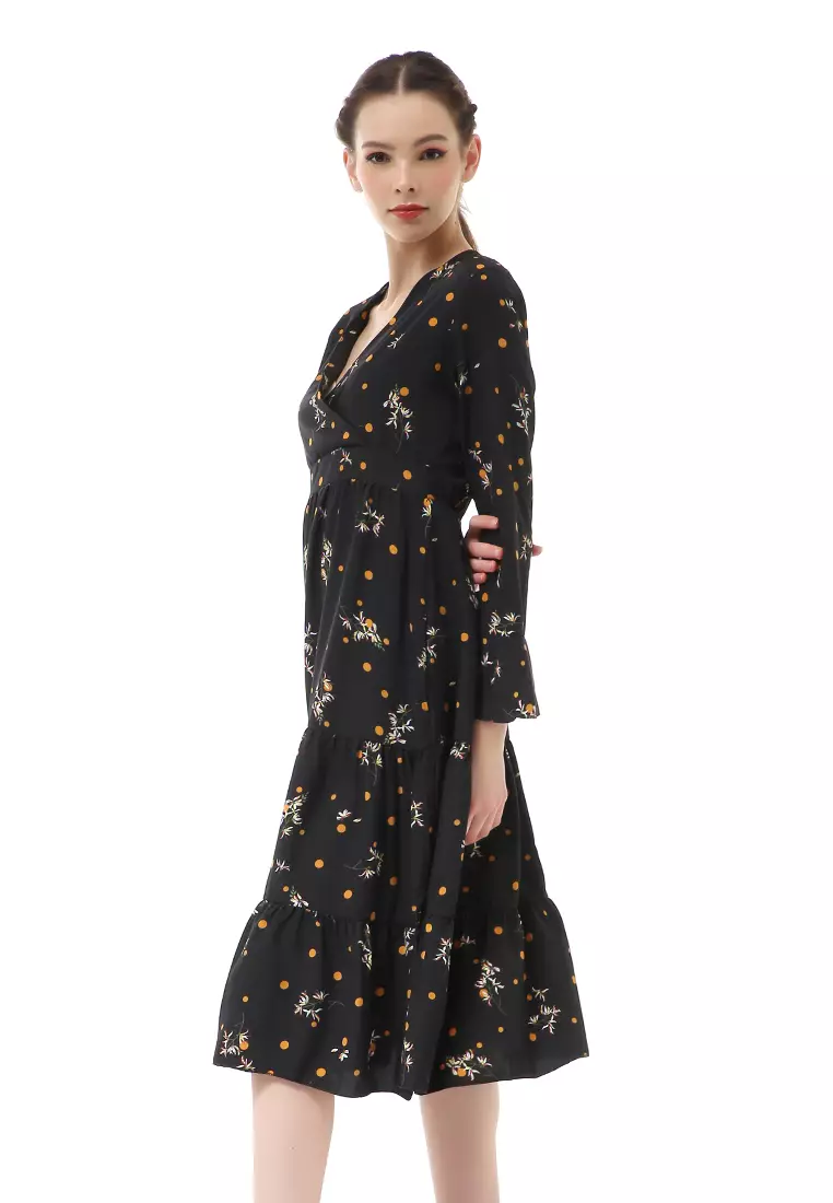 Rachel Midi Dress Kasual Wanita Long Sleeve Leaf Motve Material Chiffon ORIGINAL - Black