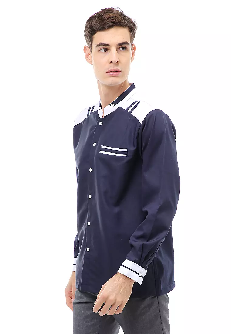 Dwan Atasan Formal Pria Kemeja Koko Long Sleeve List Bahu Material Cotton ORIGINAL - Navy
