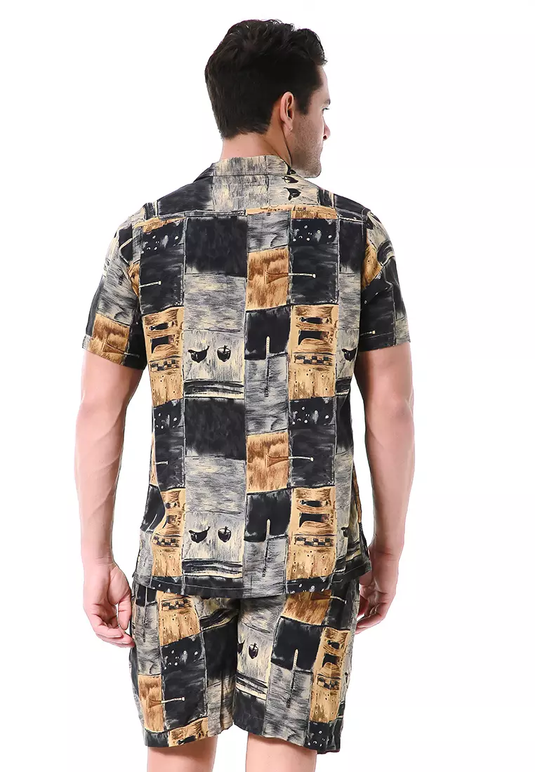 Deon Piyama Pria Kemeja One Set Lengan Pendek AbstrackDZ Motive Material Rayon ORIGINAL - Black Brown