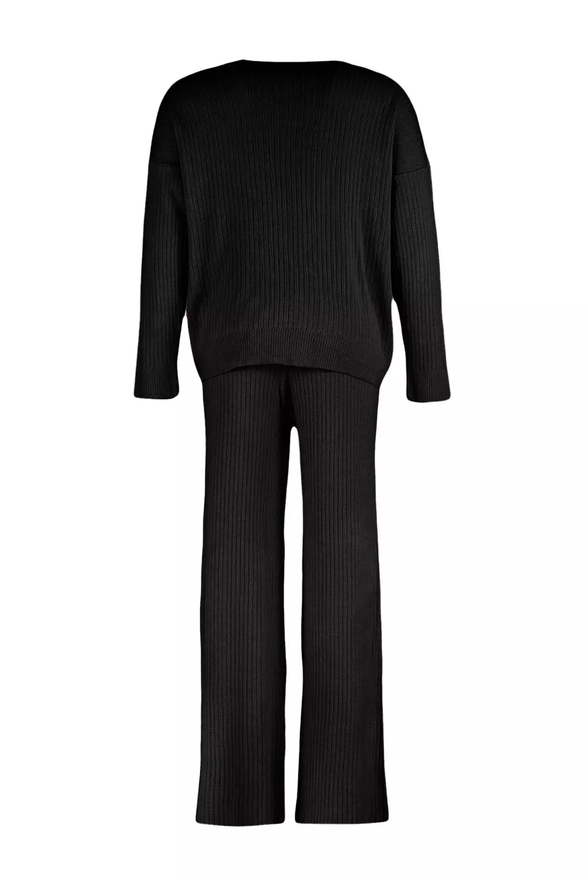 Plus Size Black Knitwear Sweater And Trousers Set Ribbed Crew Neck