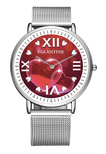 EGLANTINE red and silver Declare your Love with this - EGLANTINE® Love 40mm Quartz Watch, Red Hearts with Roman Numerals Dial on Steel Milanese Bracelet 6C159ACC6D5D54GS_1