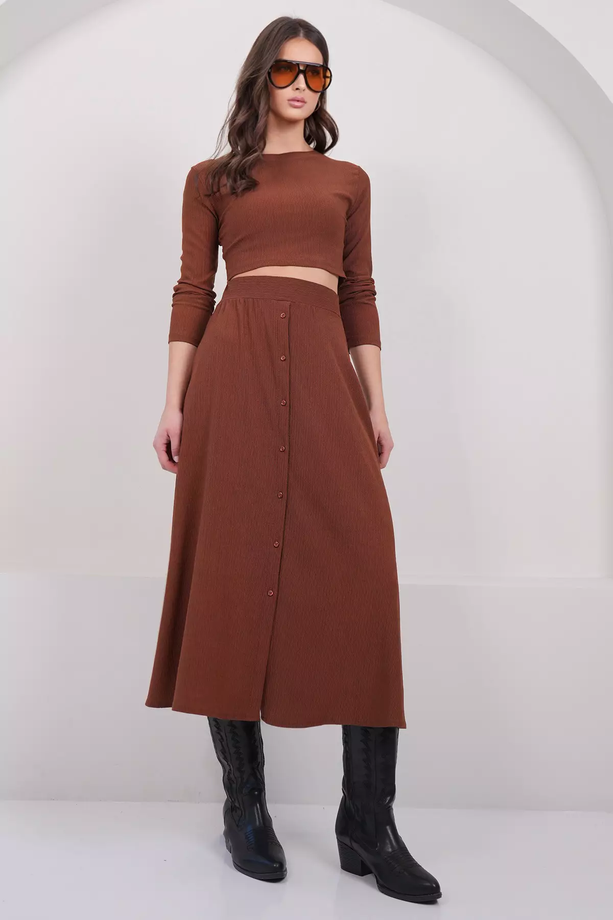 Women'S Bitter Brown Crew Neck Cropped Blouse And Maxi Skirt Set Alc-X15015