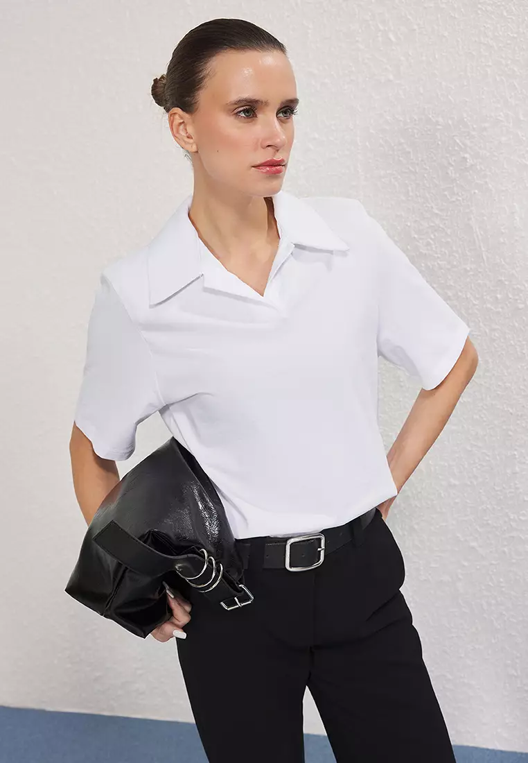 Ecru Cotton Padded Polo Collar Regular/Normal Pattern Knitted T-Shirt TWOSS25TS00195