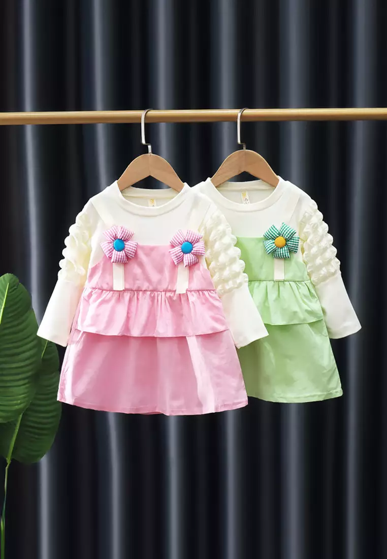 Dress Bayi Anak Perempuan Lengan Panjang Ruffle Dress Korean Style Flowers Import 4301 Venrz Pink