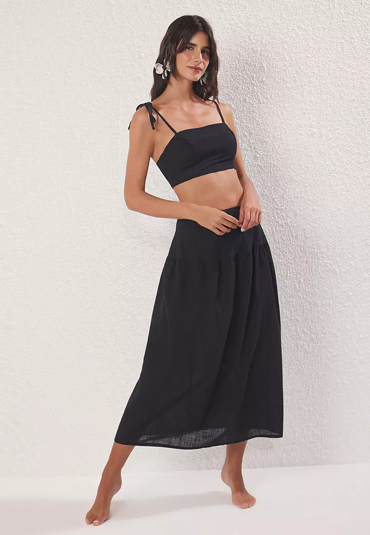 Black Woven Flared Cotton Beach Blouse Skirt Suit Tbess25Au00073