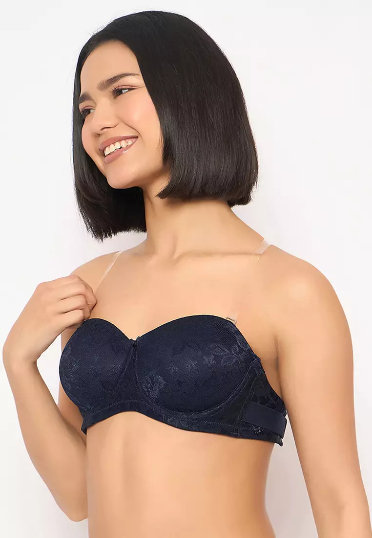 Clovia Invisi Padded Underwired Full Coverage Strapless Balconette Bra in Navy with Transparent Straps & Band - Lace