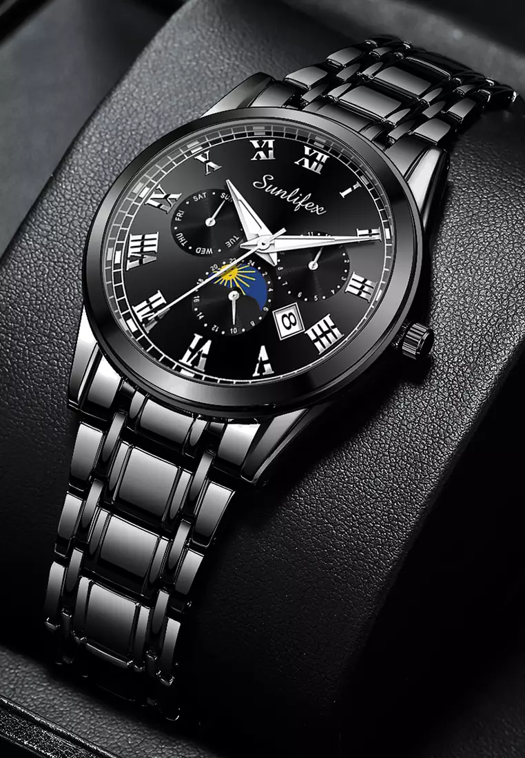 Jam Tangan Pria Tali Stainless Steel Anti Air Kuarsa Santai Mode Jam Tangan Cowok all black