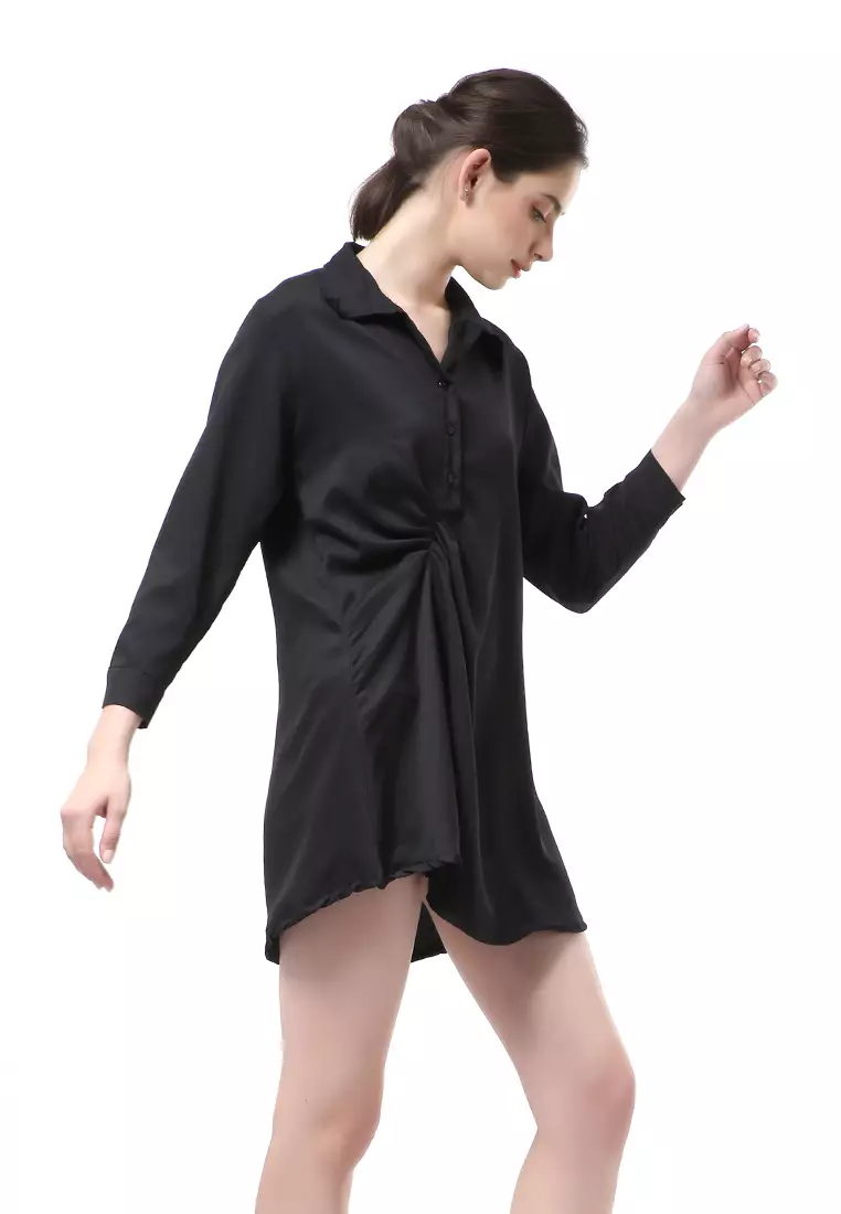 Rachel Mini Dress Wanita Model Kancing Palin Motive lengan Panjang Material Moscrepe ORIGINAL - Black