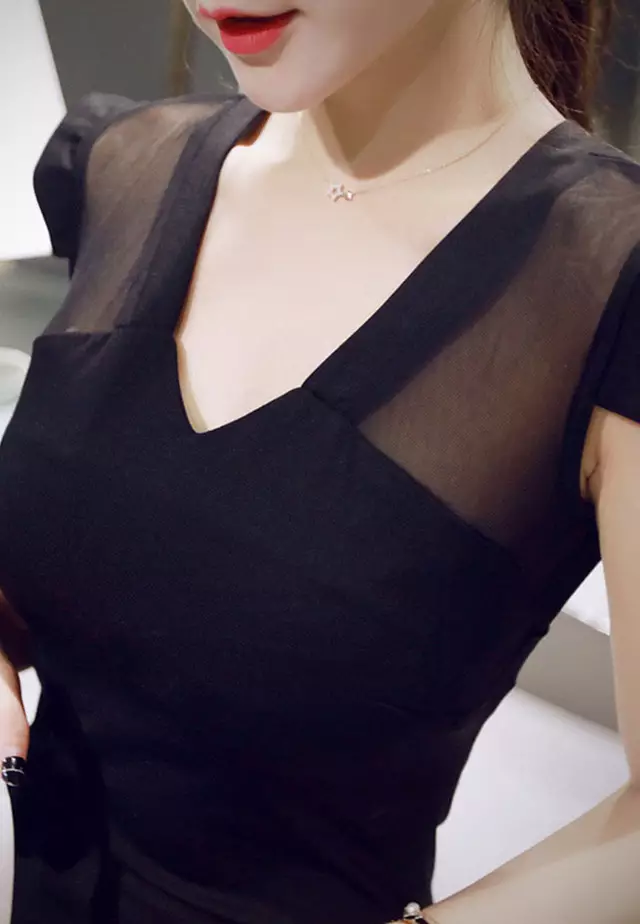 Korean Style Sexy V-Neck Mesh Stitching Wrap Hip One Piece Dress A2102238