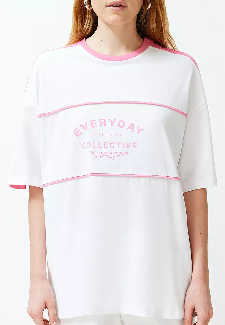 White Color Block Slogan Oversize/Wide Fit Knitted T-Shirt