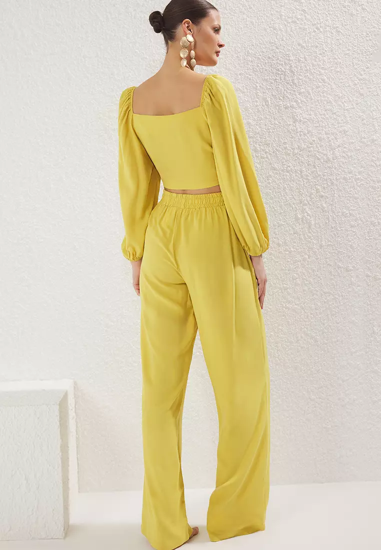 Light Oil Green Woven Tied Blouse Trousers Beach Set