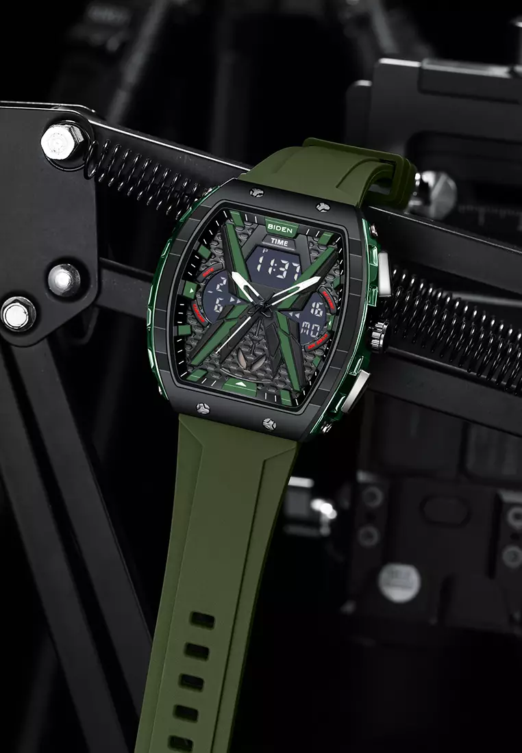 Jam Tangan Pria Original Multifungsi Analog & Digital Anti Air Tali Silicone Jam Tangan Cowok greenblack