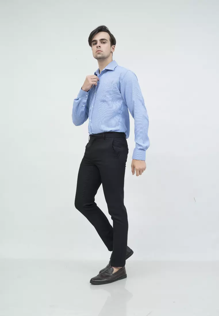 Kemeja slim fit lengan panjang pria kerja Biru Houndstooth houseofcuff