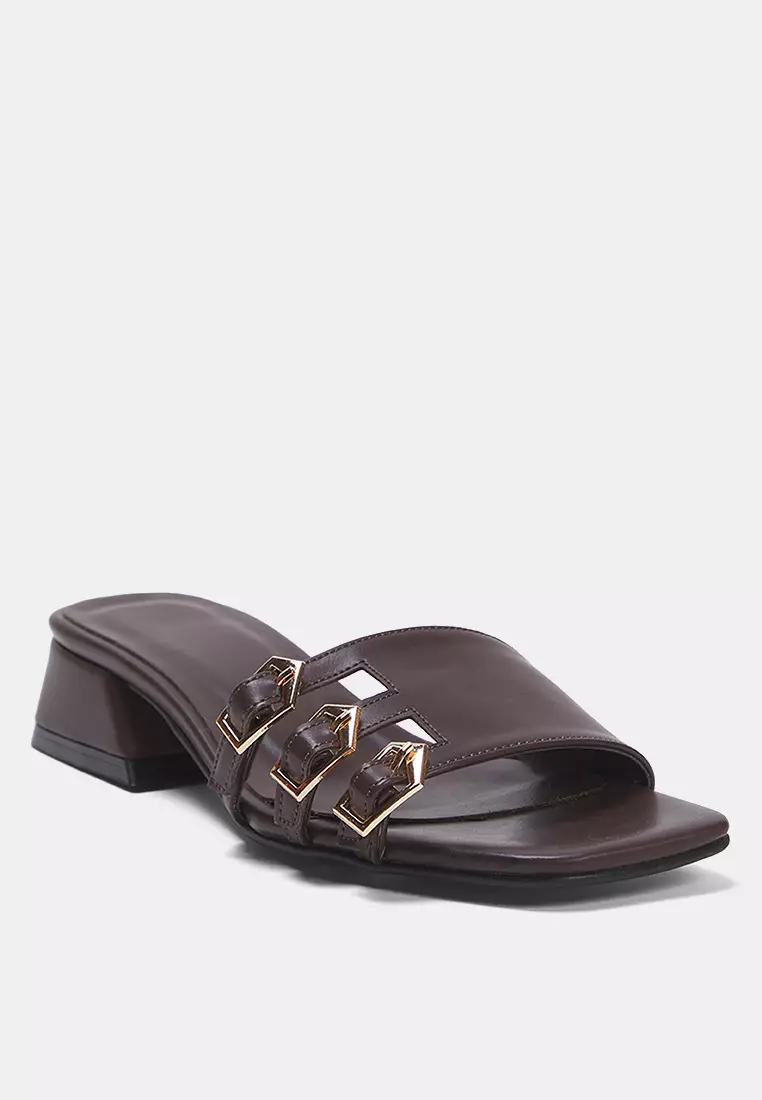 Trendyol Brown Gold Buckle Block Heel Women's Heeled Slippers Takss25To00036