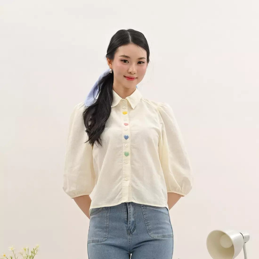Rainbow Heart Button Puff Sleeve Shirt in White