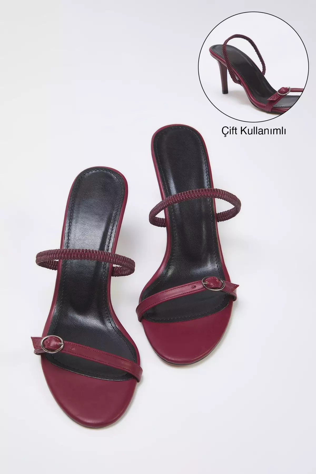 Burgundy Buckle Detailed Dual-Use Thin Heeled Almond Toe Women Heeled Sandals Takss25To00010