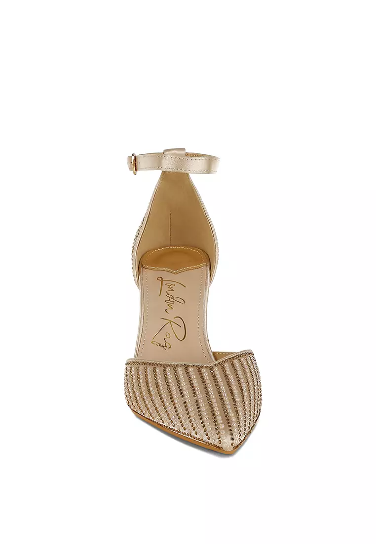 Pearls & Sequins Embellished Stiletto Sandals in Gold