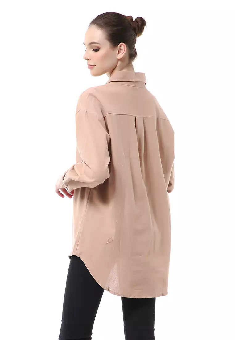 Brielle Atasan Wanita Kemeja Oversize Lengan Panjang Double Pocket Material Linen ORIGINAL - Caramel