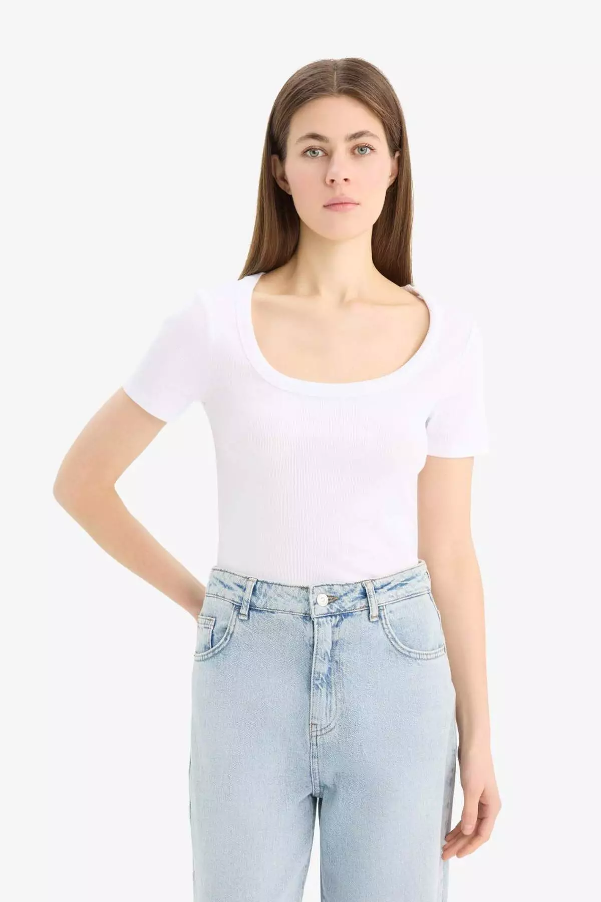 Slim Fit Slim Fit Crew Neck Basic Plain Ribbed Camisole Short Sleeve White T-Shirt F0684Ax25Sp