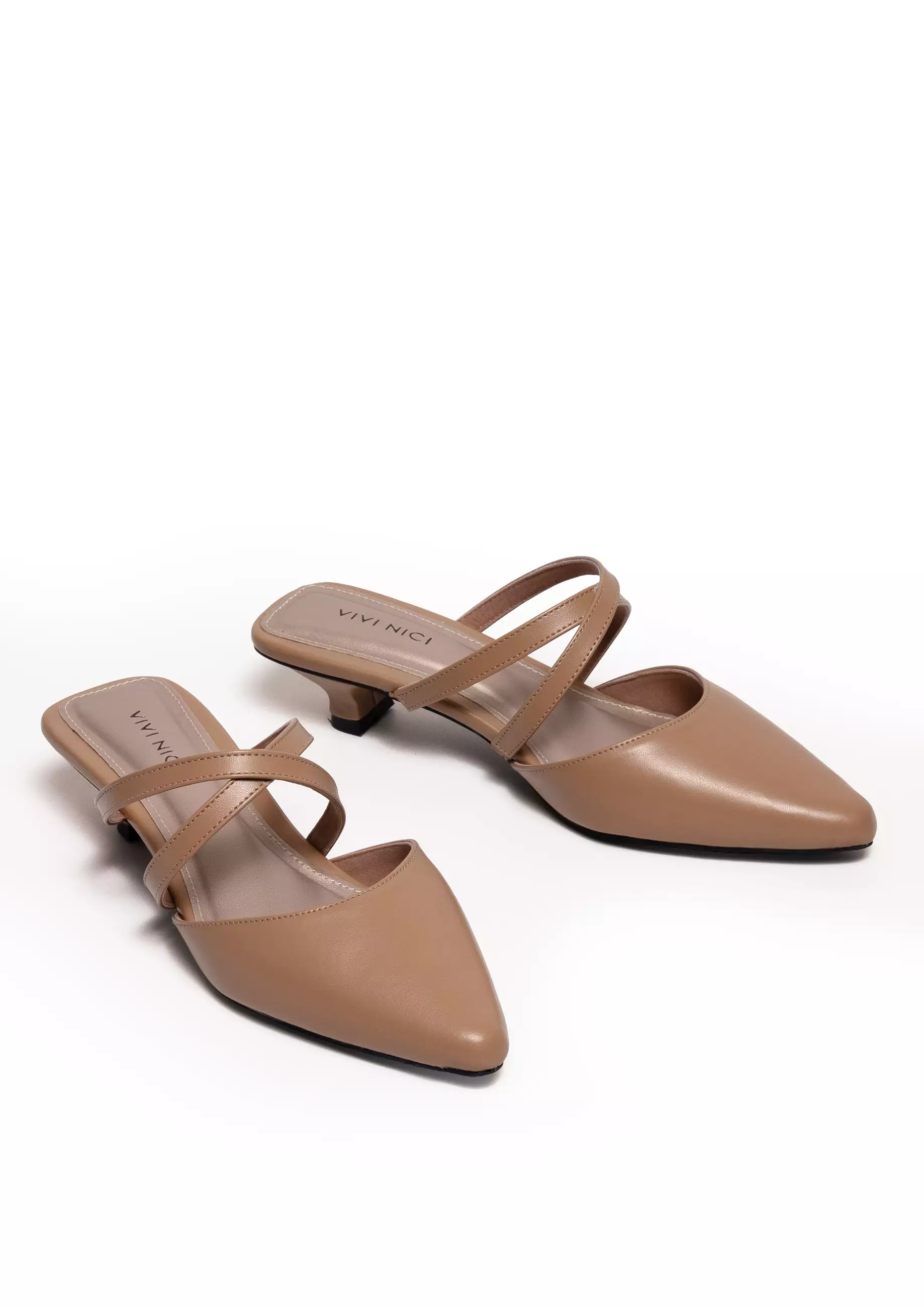 VIVI NICI - Aleta Sepatu Sandal Mules Wanita Hak 3 Cm Milk Coffee