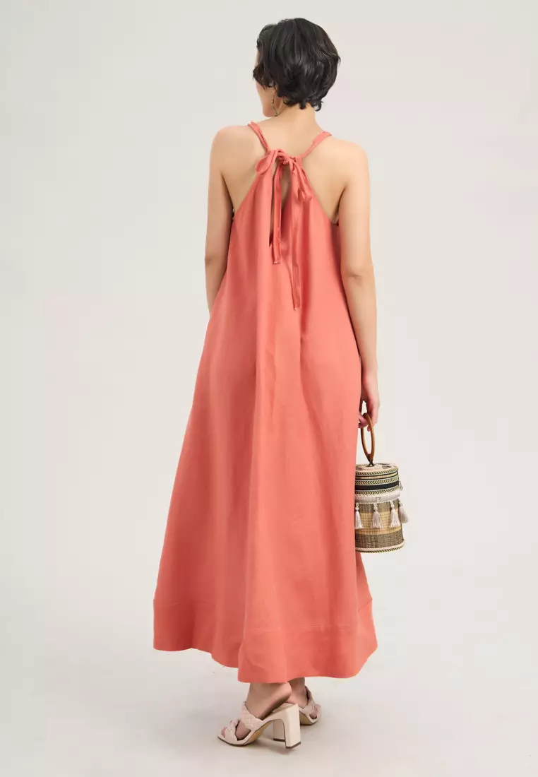 Coral Linen Midi Dress