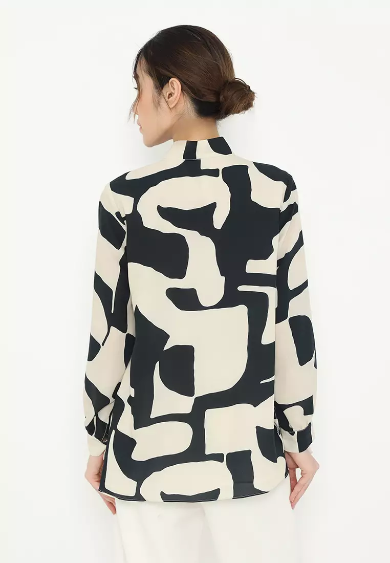 Blus With Geometri Pattern With Long Sleeve In Cream By Brilliant Girl Warna CREAM