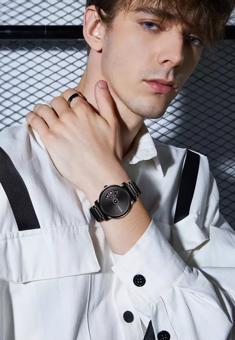 jam tangan pria Bisnis Tali stainless steel Display Kuarsa pria dengan gelang