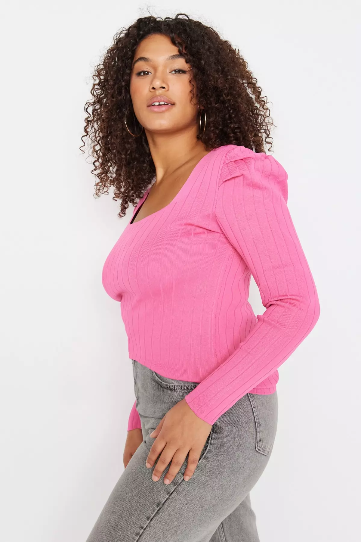 Trendyol Plus Size Pink Watermelon Sleeve Knitwear Blouse 2024