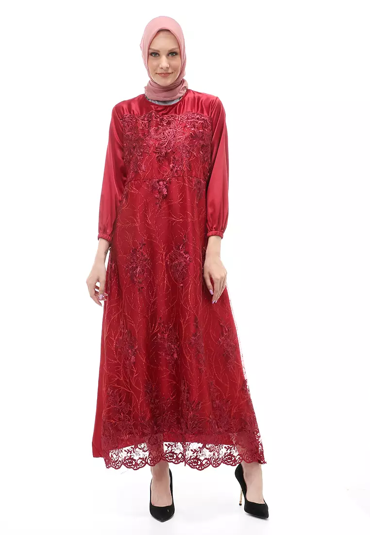 Monita Gamis Brokat Tile Wanita Muslimah Regular Fit - Maroon