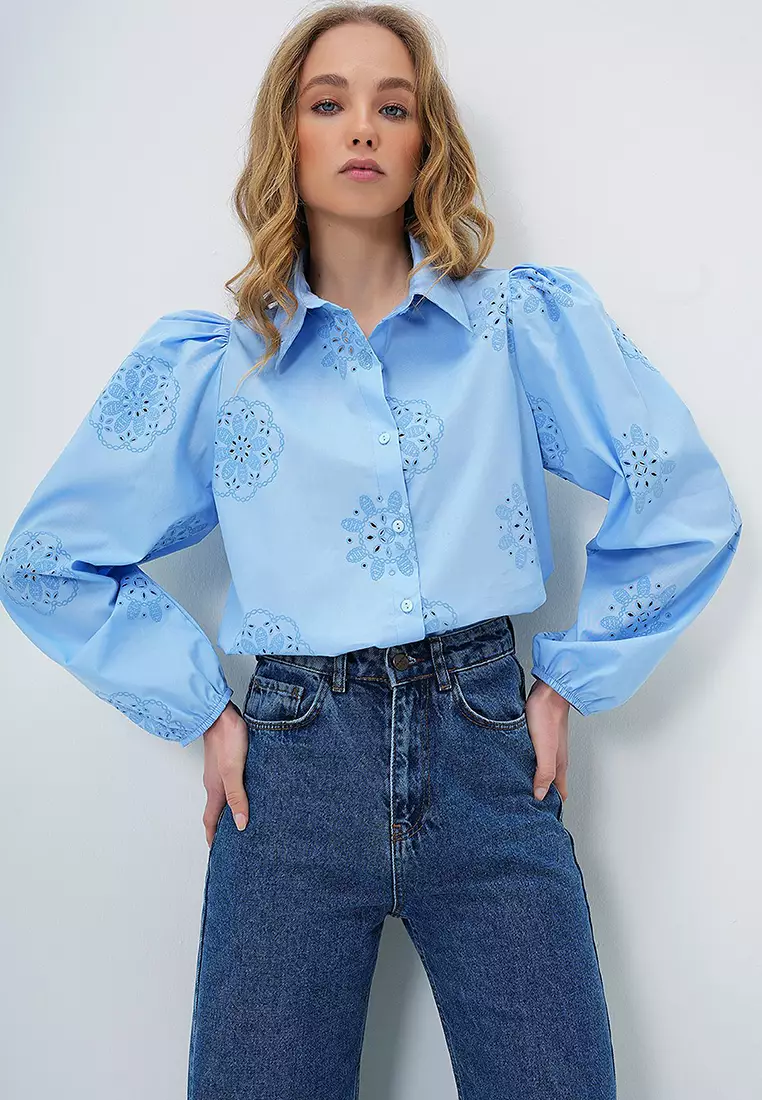 Women's Baby Blue Guipure Woven Premium Shirt Alc-X4366